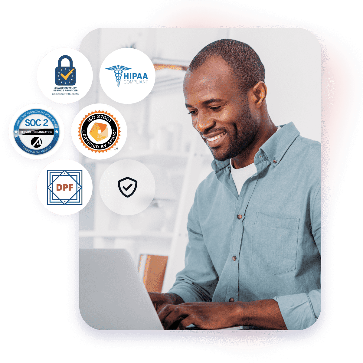 Man smiling while working with a computer surrounded by security and compliance logos